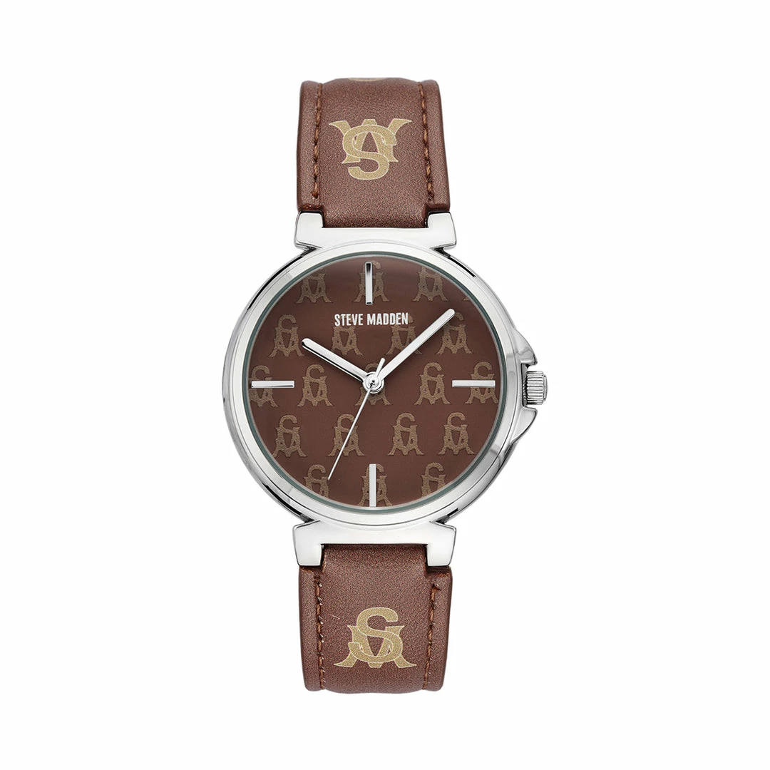 STEVEMADDEN ACCESSORIES STACKED LOGO WATCH BROWN