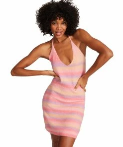 SteveMadden WOMEN'S CLOTHING STRIPED HALTER DRESS PINK MULTI