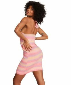 SteveMadden WOMEN'S CLOTHING STRIPED HALTER DRESS PINK MULTI