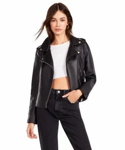 SteveMadden WOMEN'S CLOTHING JUST RIDE VEGAN LEATHER JACKET BLACK