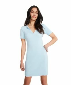 STEVEMADDEN COLLARED RIBBED DRESS LIGHT BLUE