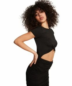 STEVEMADDEN CUT OUT RUCHED DRESS BLACK WOMEN'S CLOTHING