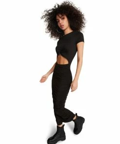 STEVEMADDEN CUT OUT RUCHED DRESS BLACK WOMEN'S CLOTHING