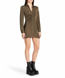 SteveMadden WOMEN'S CLOTHING LONG SLEEVE BUTTON UP DRESS OLIVE