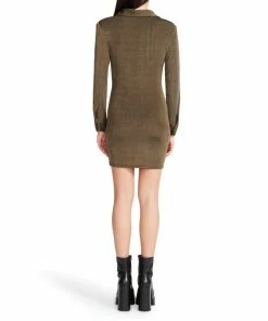 SteveMadden WOMEN'S CLOTHING LONG SLEEVE BUTTON UP DRESS OLIVE