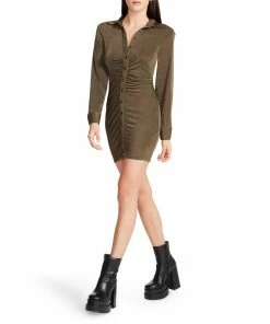 SteveMadden WOMEN'S CLOTHING LONG SLEEVE BUTTON UP DRESS OLIVE