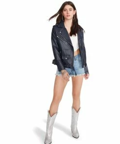 SteveMadden WOMEN'S CLOTHING VEGAN LEATHER JACKET NAVY