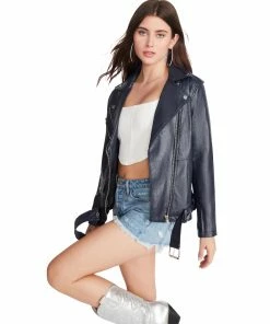 SteveMadden WOMEN'S CLOTHING VEGAN LEATHER JACKET NAVY