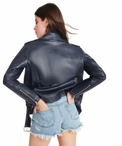 SteveMadden WOMEN'S CLOTHING VEGAN LEATHER JACKET NAVY