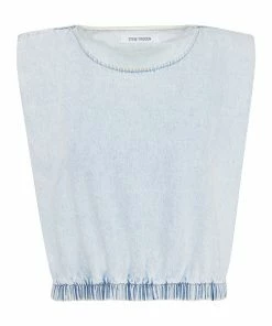 STEVEMADDEN SHOULDER PAD CROPPED TANK DENIM FABRIC WOMEN'S CLOTHING