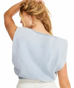 STEVEMADDEN SHOULDER PAD CROPPED TANK DENIM FABRIC WOMEN'S CLOTHING