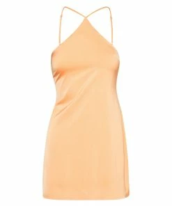 STEVEMADDEN ASYMMETRICAL SATIN SLIP DRESS ORANGE WOMEN'S CLOTHING