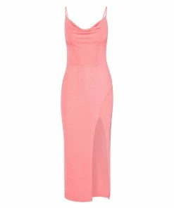 STEVEMADDEN WOMEN'S CLOTHING COWL NECK MIDI DRESS HOT PINK
