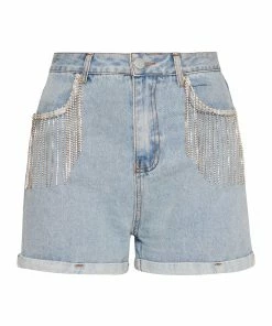 STEVEMADDEN WOMEN'S CLOTHING RHINESTONE FRINGE DENIM SHORTS