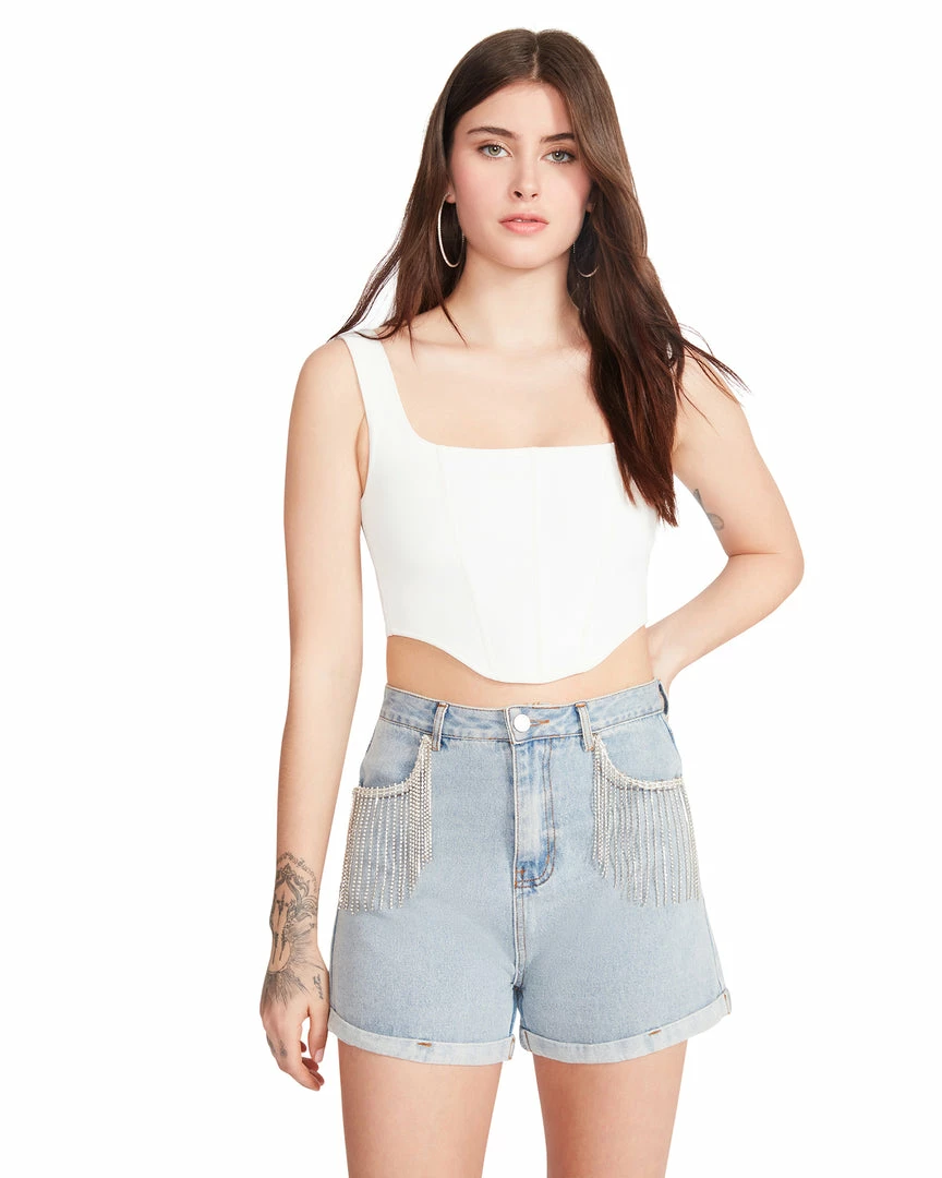 STEVEMADDEN WOMEN'S CLOTHING RHINESTONE FRINGE DENIM SHORTS