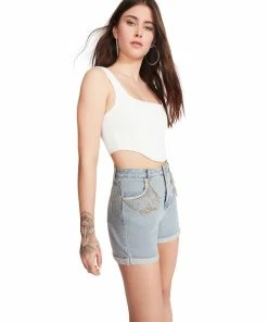 STEVEMADDEN WOMEN'S CLOTHING RHINESTONE FRINGE DENIM SHORTS