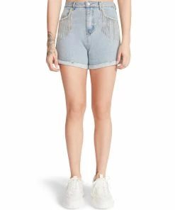 STEVEMADDEN WOMEN'S CLOTHING RHINESTONE FRINGE DENIM SHORTS