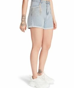 STEVEMADDEN WOMEN'S CLOTHING RHINESTONE FRINGE DENIM SHORTS