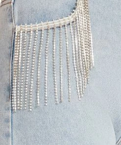 STEVEMADDEN WOMEN'S CLOTHING RHINESTONE FRINGE DENIM SHORTS