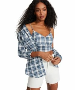 STEVEMADDEN CHECKERED BUTTON UP BLUE WOMEN'S CLOTHING