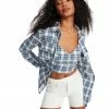 STEVEMADDEN CHECKERED BUTTON UP BLUE WOMEN'S CLOTHING