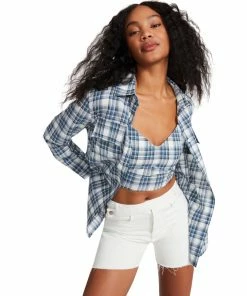 STEVEMADDEN CHECKERED BUTTON UP BLUE WOMEN'S CLOTHING