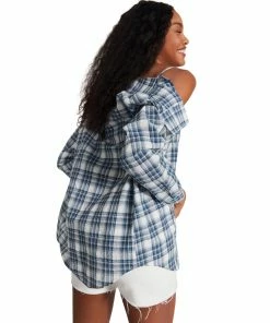 STEVEMADDEN CHECKERED BUTTON UP BLUE WOMEN'S CLOTHING