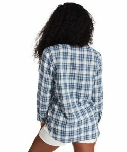 STEVEMADDEN CHECKERED BUTTON UP BLUE WOMEN'S CLOTHING