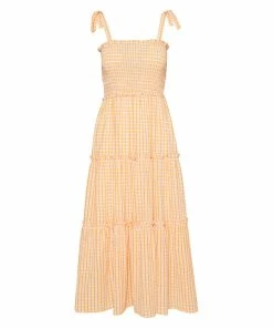 STEVEMADDEN GINGHAM MIDI DRESS ORANGE WOMEN'S CLOTHING