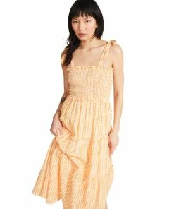 STEVEMADDEN GINGHAM MIDI DRESS ORANGE WOMEN'S CLOTHING
