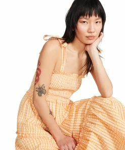 STEVEMADDEN GINGHAM MIDI DRESS ORANGE WOMEN'S CLOTHING