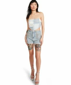 STEVEMADDEN DENIM PATCHWORK TUBE TOP