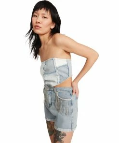 STEVEMADDEN DENIM PATCHWORK TUBE TOP