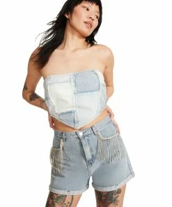 STEVEMADDEN DENIM PATCHWORK TUBE TOP