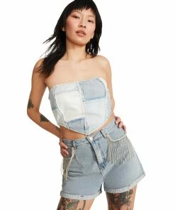 STEVEMADDEN DENIM PATCHWORK TUBE TOP