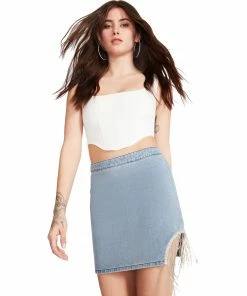 STEVEMADDEN RHINESTONE FRINGE SKIRT DENIM FABRIC
