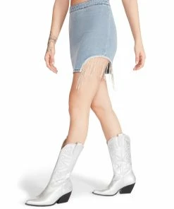STEVEMADDEN RHINESTONE FRINGE SKIRT DENIM FABRIC