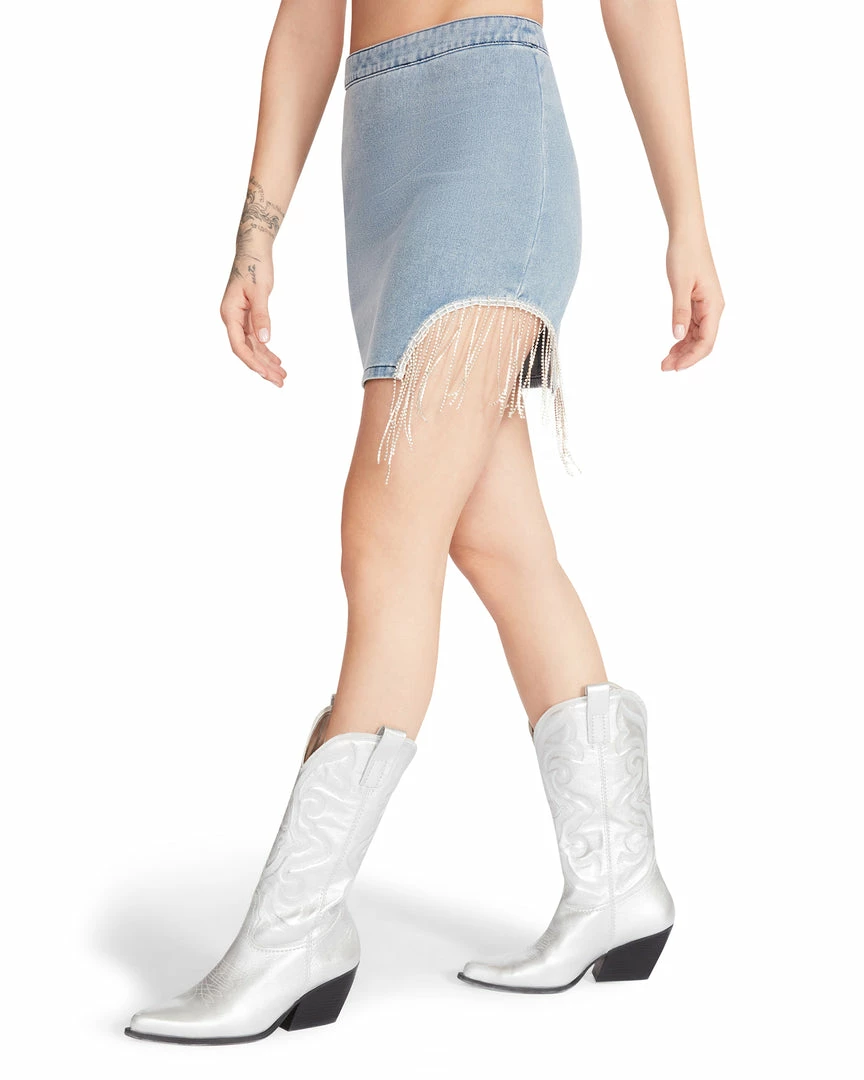 STEVEMADDEN RHINESTONE FRINGE SKIRT DENIM FABRIC