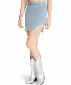 STEVEMADDEN RHINESTONE FRINGE SKIRT DENIM FABRIC