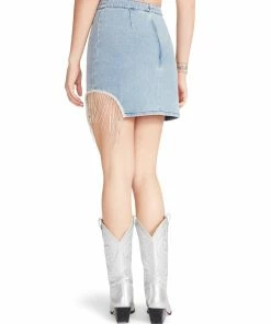 STEVEMADDEN RHINESTONE FRINGE SKIRT DENIM FABRIC