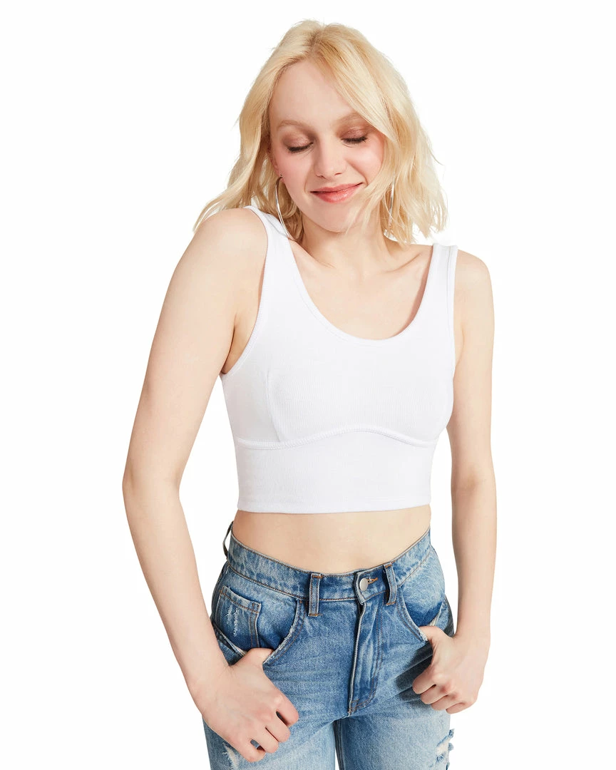 STEVEMADDEN WOMEN'S CLOTHING RIBBED CROPPED TANK WHITE