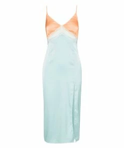 STEVEMADDEN SATIN LACE MIDI DRESS BLUE WOMEN'S CLOTHING