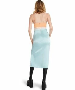 STEVEMADDEN SATIN LACE MIDI DRESS BLUE WOMEN'S CLOTHING