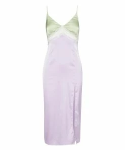 STEVEMADDEN WOMEN'S CLOTHING SATIN LACE MIDI DRESS PURPLE