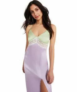 STEVEMADDEN WOMEN'S CLOTHING SATIN LACE MIDI DRESS PURPLE