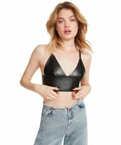 STEVEMADDEN WOMEN'S CLOTHING FAUX LEATHER BRALETTE BLACK