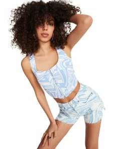STEVEMADDEN NEW & NOW SWIRL DENIM CORSET BLUE