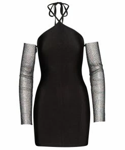 STEVEMADDEN RHINESTONE SLEEVE MINI DRESS BLACK WOMEN'S CLOTHING