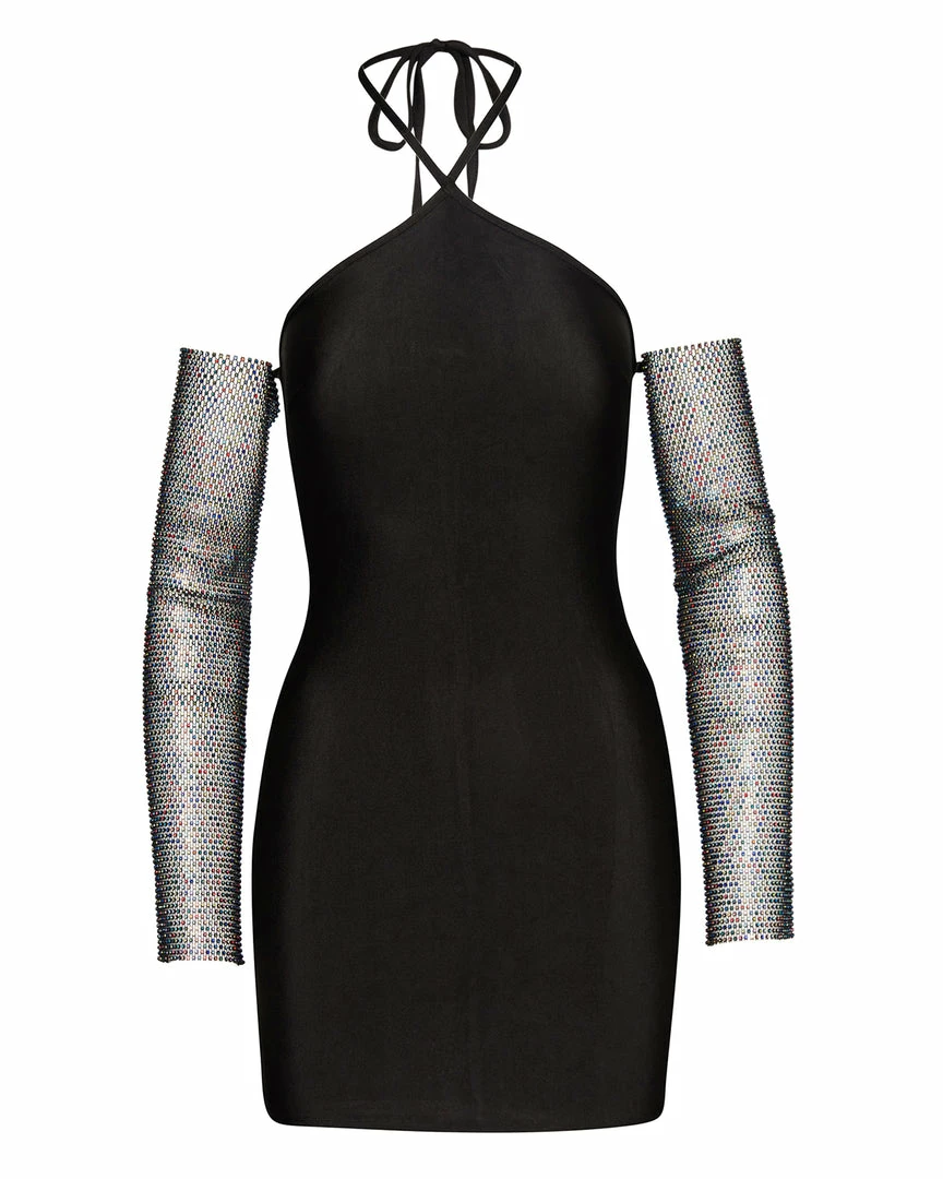 STEVEMADDEN RHINESTONE SLEEVE MINI DRESS BLACK WOMEN'S CLOTHING