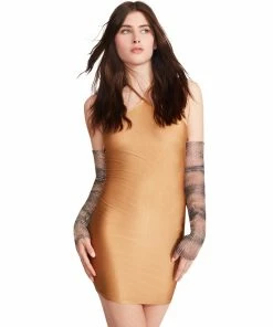 STEVEMADDEN RHINESTONE SLEEVE MINI DRESS BROWN WOMEN'S CLOTHING